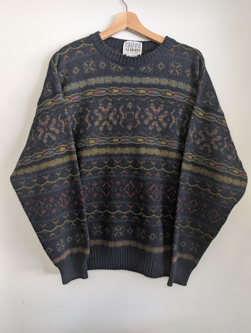 Vintage 80s Gianni Alberti Men's Small Sweater Fair Isle Italy Wool Knit Grandpa